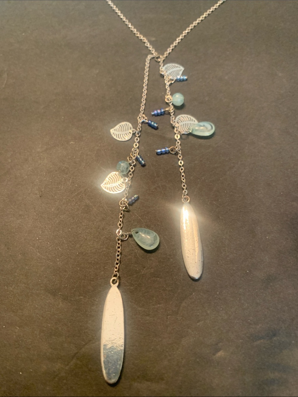 Aquamarine glass and silver leaf 33 inch necklace
